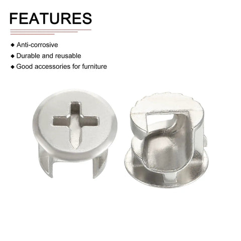 Solid Zinc Alloy Cam Lock Nuts For Furniture Repair Hella Sturdy Nickel Plated Connectors That Clamp Tight On DIY Shelves Tables Cabinets And Workshop Builds close-up view of durable anti-corrosive connectors.