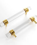 Adjustable Acrylic And Brass Cabinet Pulls With Center To Center Range 0 To 6 Point 2 Inches Four Piece Set In Modern Gold And Clear Finish.