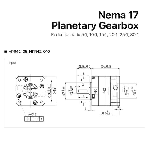 NEMA 17 Planetary Gearbox Speed Reducer blueprint diagram showing specifications and dimensions for 5mm input shaft.