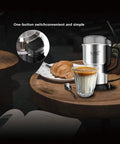 Badass Electric Coffee And Spice Grinder With Hella Fast 150 Watt Motor And Razor Sharp Stainless Blades For Roasted Beans Fine Herbs Plus Mini Kitchen Powder Maker That Crushes Everything In Seconds on a wooden table with croissant and glass.