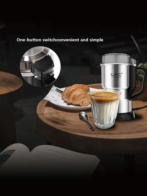 Badass Electric Coffee And Spice Grinder With Hella Fast 150 Watt Motor And Razor Sharp Stainless Blades For Roasted Beans Fine Herbs Plus Mini Kitchen Powder Maker That Crushes Everything In Seconds on a wooden table with croissant and glass.