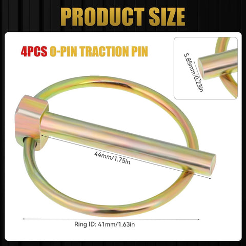 Heavy Duty Linch Pin Assortment Kit With Ring One Quarter Inch Pins Locks For Trailers Gates Couplers Tractors Trucks And Lawn Mowers Round Carbon Steel Linch Pins Lock Pin Clips Four Pack showing dimensions