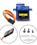 Front view of blue SG90 micro servo motor kit, 5 pcs with cables, screws, and plastic arm attachments