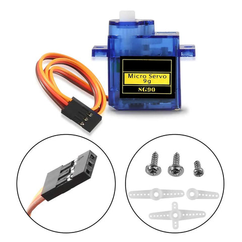 Front view of blue SG90 micro servo motor kit, 5 pcs with cables, screws, and plastic arm attachments