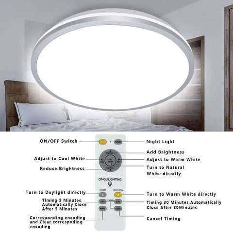 35W Dimmable LED Round Flush Mount Ceiling Light With Remote 15 Inch Close To Ceiling Fixture Ideal For Living Room Bedroom Dining Room Timed On Off 3 Color Temperature Modes For A Lit Atmosphere displayed in bedroom with remote shown