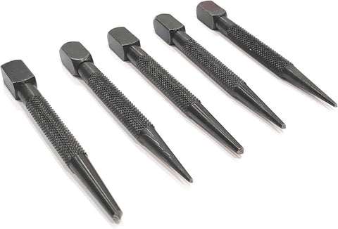 Kickass Set Of Five Square Head Center Punches Imperial Standard For Metal And Woodworking Tasks Featuring Knurled Handles And Rust Resistant Epoxy Coating Built Tough For Serious Shop Projects And Weekend Warriors in a lined arrangement.