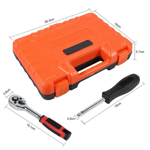 Heavy Duty 46 Piece Metric Socket Set With Heat Treated Steel And One Quarter Inch Drive In A Rugged Carry Case, including ratchet and screwdriver.