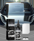 Windshield Crack Repair Kit 2 Pack Upgrade 2026 Glass Repair Fluid with bottle, box, and scrapers in front of a car.