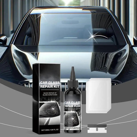 Windshield Crack Repair Kit 2 Pack Upgrade 2026 Glass Repair Fluid with bottle, box, and scrapers in front of a car.