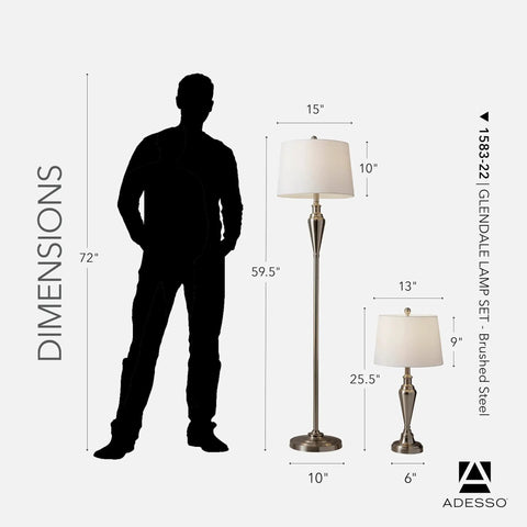 Three Piece Lamp Set With Two Table Lamps And One Floor Lamp In Antique Brass With White Shades dimensions with silhouette for scale