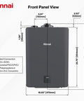 Heavy Duty Commercial Tankless Water Heater Pumping Out Endless Hot Water With Smart Adaptive Gas Valve Tech front panel view with dimensions.