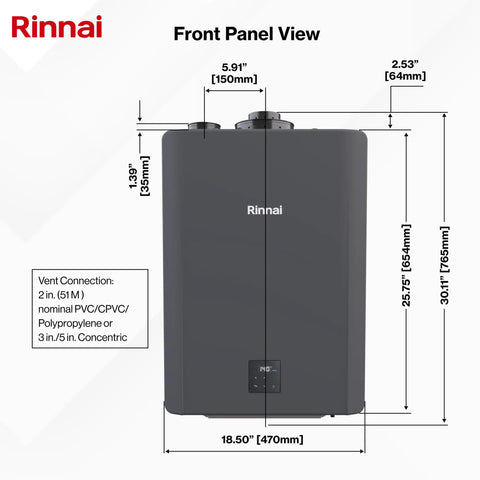 Heavy Duty Commercial Tankless Water Heater Pumping Out Endless Hot Water With Smart Adaptive Gas Valve Tech front panel view with dimensions.