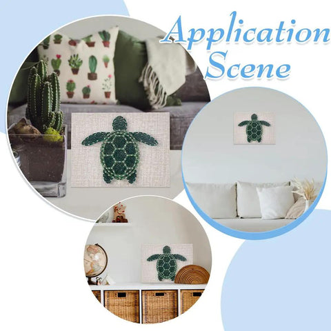 3D String Art Kit For Adults Beginners DIY Sea Turtle Craft Includes All Accessories And Frame Easy Poke Board Setup Home Wall Decor Perfect Holiday Gift For Christmas And Mother's Day displayed on various home settings.