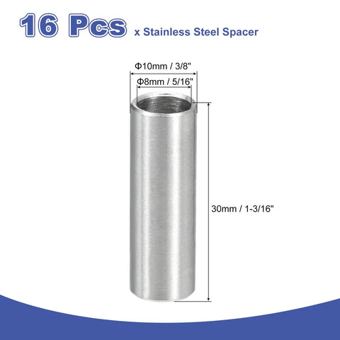 Sixteen Pack Heavy Duty 304 Stainless Steel Spacers 3/8 Inch OD By 5/16 Inch ID By 1 3/16 Inch Length Unthreaded Standoffs For M8 Screws Bolts And Rods Plain Finish Silver, 16 pcs with dimensions