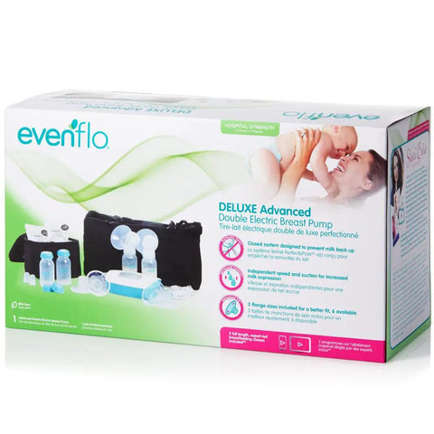 Hospital Strength Double Electric Breast Pump With Custom Suction Controls And Lowkey Quiet Motor To Keep Pumping Sessions Smooth Plus Wall Battery Car Adapter And Spare Parts Included shown in a box with included accessories.