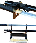 Handmade Japanese Samurai Sword With Folded 1060 High Carbon Steel Full Tang Blade displayed on a stand
