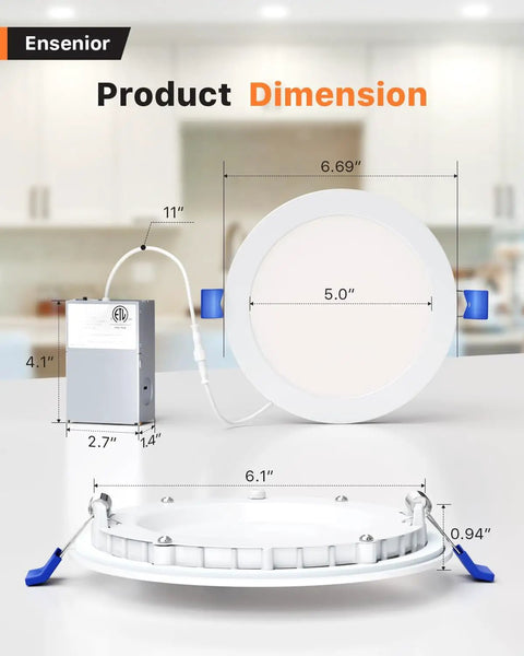 Measurements of 4 Pack 6 Inch LED Recessed Light Set Dimmable 3CCT Tunable 3000K-5000K, 1200LM High Brightness, 12W 120V