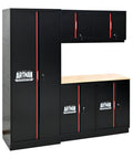 Preassembled Garage Storage Cabinet Set With LED Lights 6 Piece Workshop Organizer In Black And Red Wood Worktop Key Locks