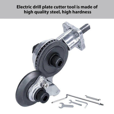Upgraded Electric Drill Sheet Metal Cutter Attachment Professional Metal Nibbler Tool With Adapter For Precision Cuts On Aluminum Steel Copper Iron Heavy Duty High Carbon Steel Durable Construction, showing cutter tool with metal gears.