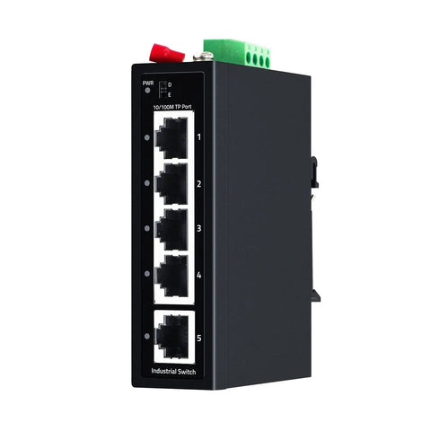 Built Tough 5 Port Industrial DIN Rail Ethernet Switch With 4 Ports And 1 Uplink, IP30 Rated device front view