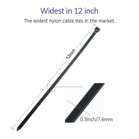 Heavy Duty Zip Ties 12 Inch Nylon Tie Wraps Ultra Strong 120 Lb Tensile Strength 0.3 Inch Wide Black UV Resistant