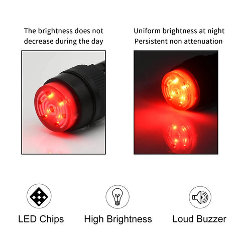 LED 16mm Red Buzzer Indicator Light Lamp 12V DC, showing brightness and sound features, used for control panels and DIY projects.