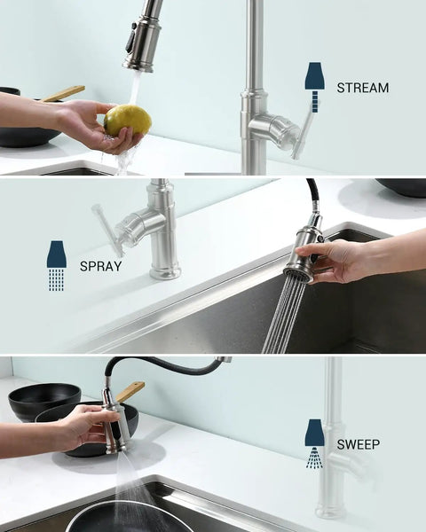 Vintage Style Kitchen Faucet With Built In Soap Dispenser No Fuss Single Handle High Arc Pull Down Sprayer Antique Look Three Modes Brushed Nickel Finish APS136 Standard showing stream, spray, and sweep modes.
