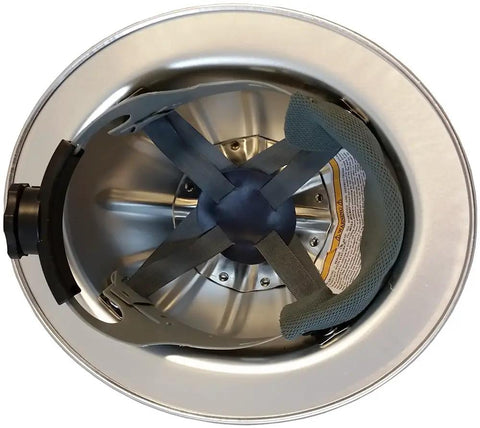 Top view of Aluminum Full-Brim Hard Hat With Ratchet Suspension, Silver Finish, showing interior ratchet system.