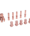 Dope Welding Consumables Kit For 100L And Tweco Mini Guns Featuring brass nozzles, contact tips, and diffusers arranged neatly.