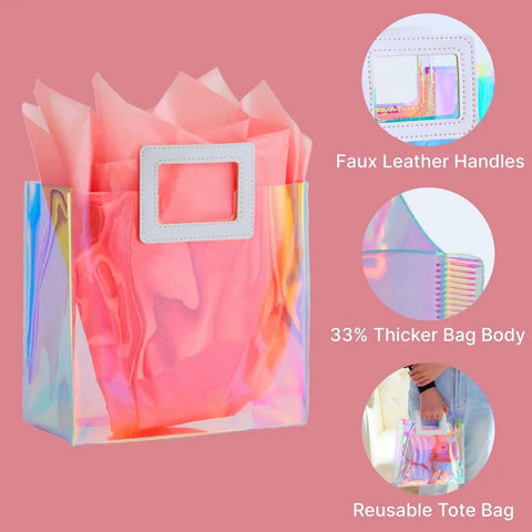 8.3 Inch Holographic Gift Bag With Coral Tissue Paper Reusable Small Tote For Birthdays Bridesmaids Weddings Girls And Women Iridescent Party Favor Pack Of 1 Size Small Party Ready with detailed handle and thick body