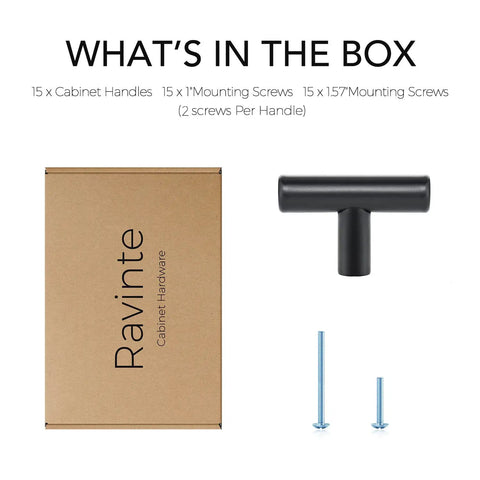 Box and contents of 15-pack 2 Inch Stainless Steel Matte Black Cabinet Handles including screws shown