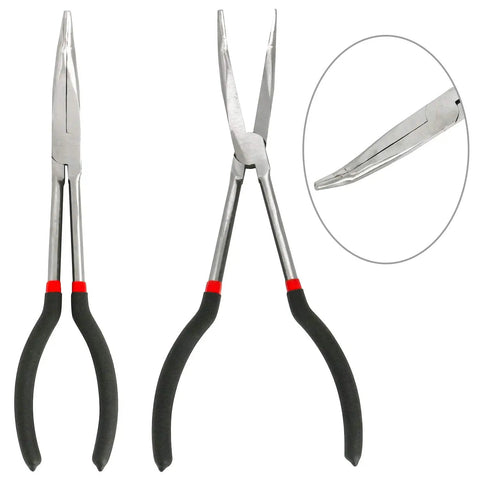 Long Needle Nose Pliers Set 11 Inch 5 Piece Kit with straight and curved nose pliers focusing on grip and precision for tight spaces.