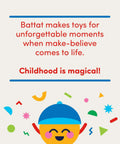 Illustration of cheerful character with colorful shapes and text 'Battat makes toys for unforgettable moments. Childhood is magical!'