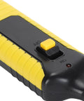 Close-up of a black and yellow switch with on and off labeled on a handheld tool
