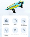 Ultra Fast 2.4G RC Boat With Dual Motors And Propellers on stand, featuring 30 KMH Racing Power, Rechargeable Battery, Waterproof Hull.