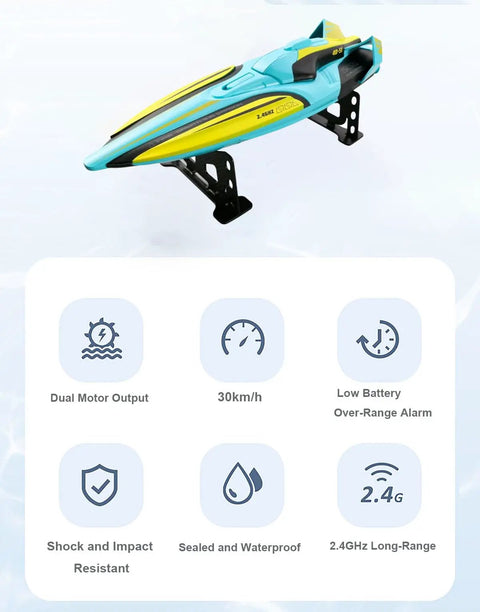 Ultra Fast 2.4G RC Boat With Dual Motors And Propellers on stand, featuring 30 KMH Racing Power, Rechargeable Battery, Waterproof Hull.