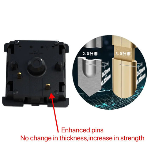 Close-up of Oil King V2 Pre-Lubed Black Linear Keyboard Switches showing enhanced 2-pin design and cross-section detail.