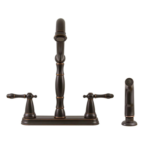 Oakmont Two Handle Kitchen Faucet With Side Sprayer In Oil Rubbed Bronze, Classic Victorian Style, brass waterways, 4-hole mount