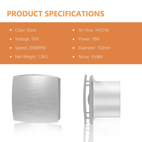 Side view of Super Quiet 141 CFM 6 Inch Wall Exhaust Fan With Anti Backflow Check Valve for wall mount, silver finish