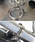Three Inch V Band Exhaust Clamp With Flange Stainless Steel For 3 Inch Exhaust Piping on a table and installed on a pipe