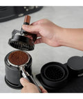 Espresso Knock Box And Pro Tamper Combo Fits Most Portafilters Heavy Duty Abs Build, using tamper on coffee grounds.