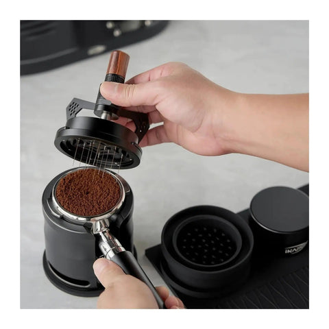 Espresso Knock Box And Pro Tamper Combo Fits Most Portafilters Heavy Duty Abs Build, using tamper on coffee grounds.
