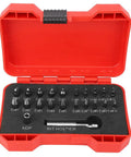 Super Cool 22 Pcs Left Hand Screw Extractor Kit With Durable High Speed Steel Bits And Socket Adapter Perfect For Tough Home Improvement Jobs And Stripped Bolt Removal On Any Car Or Gear. 22-piece HSS bit set in red case