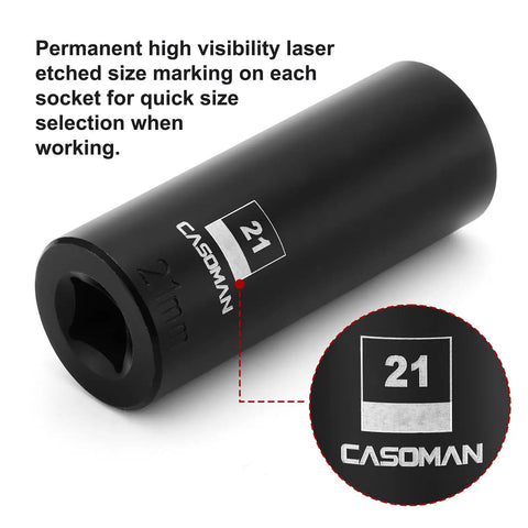 Two Pack Half Inch Drive 21mm Deep Impact Socket Set 6 Point Metric CR MO Steel Drop Forged And Heat Treated Black Oxide Finish