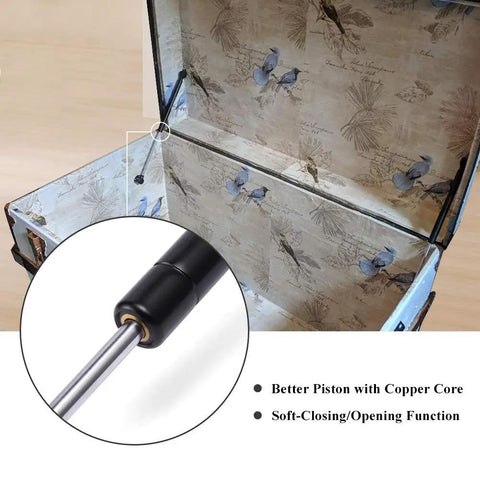 Built Tough Gas Springs And Smooth Close Hinges For Overhead Cabinets And Toy Chests, 22 Pound Lift Struts With Rust Resistant Finish, Rock Solid Damping Keeps Doors From Slamming, Top Shelf 4 Pack showing copper piston and soft-close functionality.