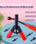 41 Piece Pro Grade Poly Rivet Gun Kit With Rivet Removal Tool in red and black, suitable for plastic rivets and clips, ergonomic design.