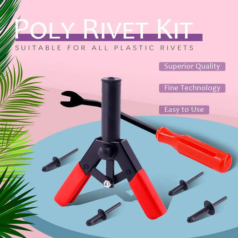 41 Piece Pro Grade Poly Rivet Gun Kit With Rivet Removal Tool in red and black, suitable for plastic rivets and clips, ergonomic design.