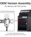 Hotend Heating Assembly Kit For Bambu Lab 3D Printers with plug-and-play hotend and base clip next to a Bambu Lab P2S 3D printer
