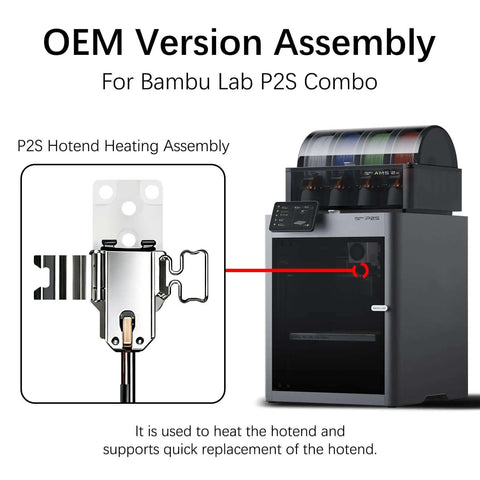 Hotend Heating Assembly Kit For Bambu Lab 3D Printers with plug-and-play hotend and base clip next to a Bambu Lab P2S 3D printer