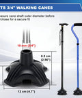 Heavy Duty Quad Cane Tip Replacement For 3/4 Inch Shafts showing measurements and details, fits 3/4 inch walking canes with rubber base.